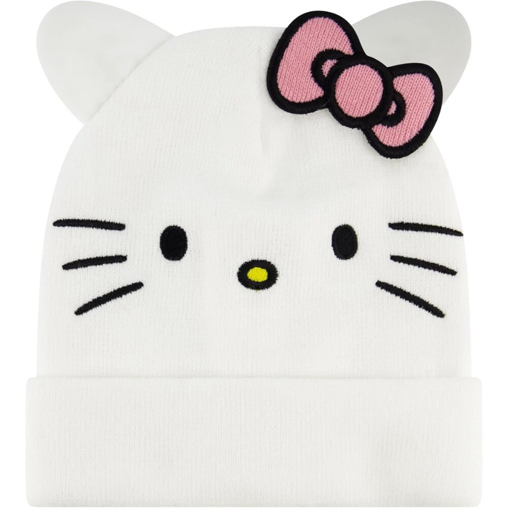Hello Kitty Beanie Hat, Adult Acrylic Knitted Winter Cap with 3D Ears and Bow, W